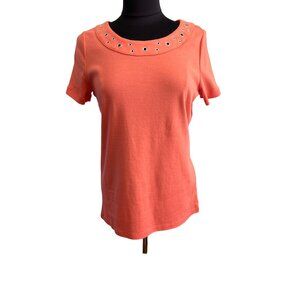 Kim Rogers Salmon Short Sleeve Top With Silver Circular Neckline Design, Med.